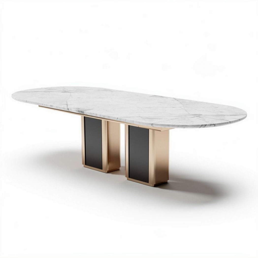 Table à manger ovale en marbre avec base en métal doré dimensions 200 x 100 x 75cm