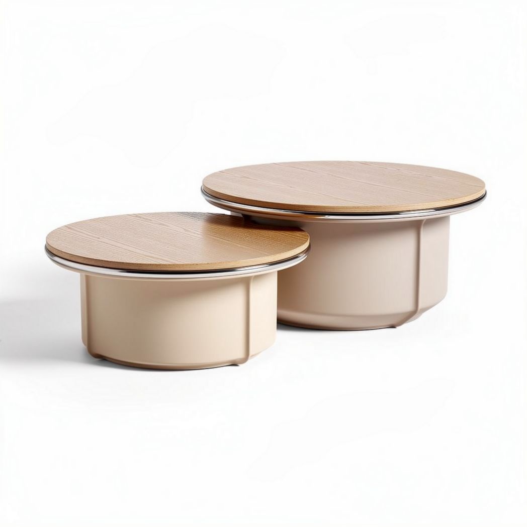 Tables basses rondes en bois et en plastique de couleur beige ensemble 60 x 60 x 30cm