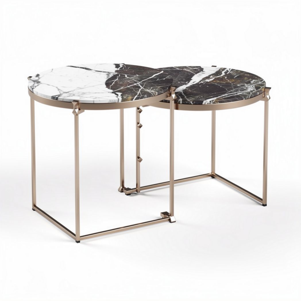 Table basse en marbre noir et blanc avec structure en métal doré 50 x 50 x 45cm